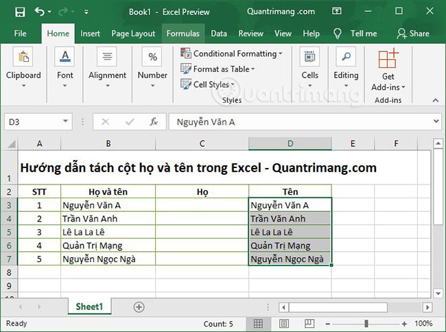 Hai cách tách cột Họ và Tên trong Excel