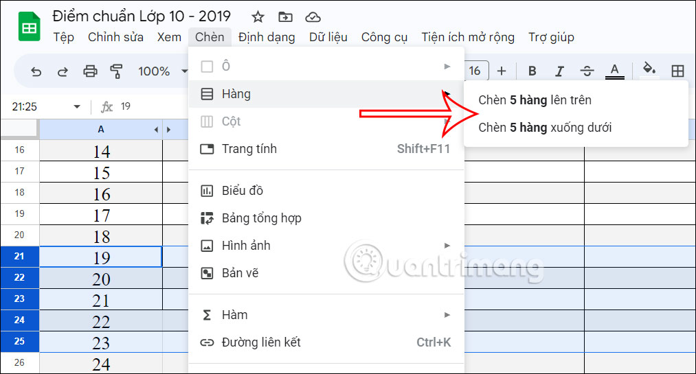 5 cách chèn nhiều dòng trong Google Sheets