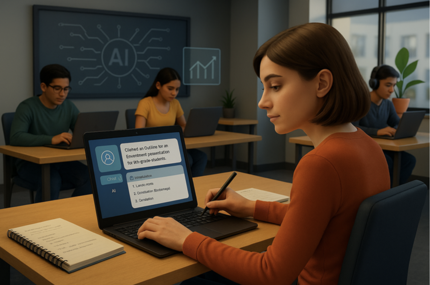 Sinh viên trong lớp học hiện đại giao tiếp với AI để hỗ trợ học tập hiệu quả