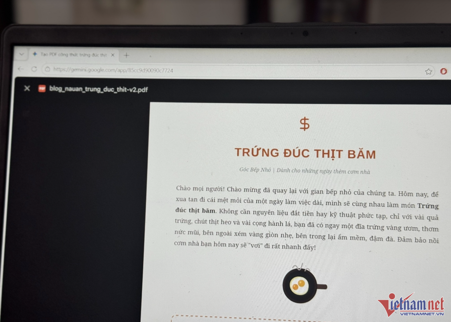 Google Gemini tạo file PDF công thức nấu ăn theo yêu cầu của PV. Ảnh: Du Lam